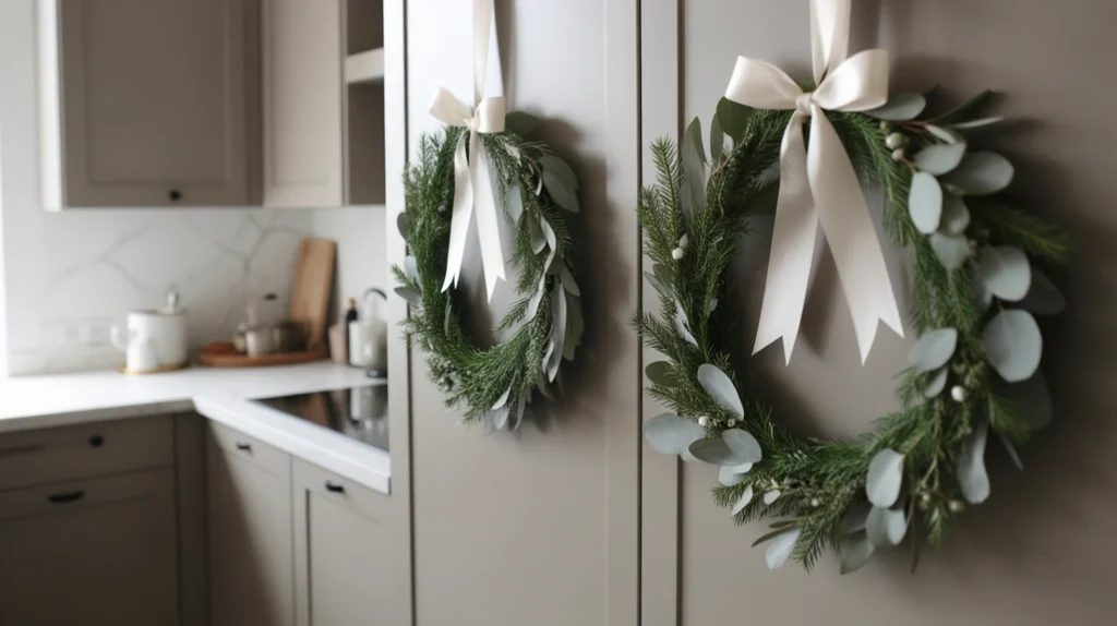 Minimalist modern Christmas wreaths on kitchen cabinets for elegant holiday styling