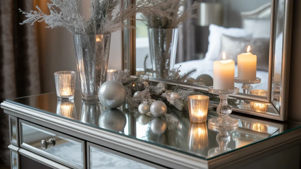 mirrored nightstand and vanity reflecting metallic accents for elegant silver Christmas bedroom decor