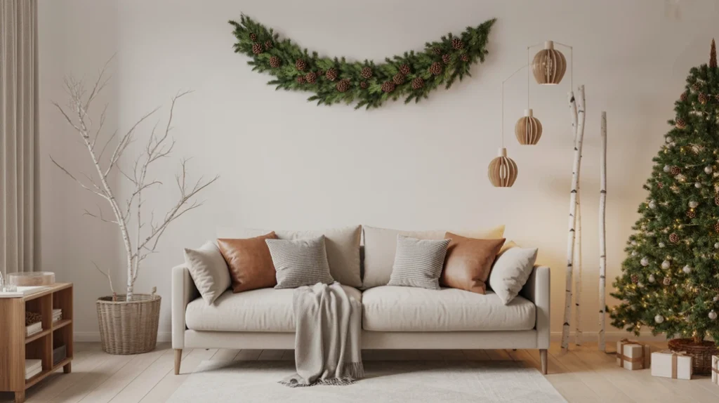 “Eco-friendly Scandinavian Christmas decor using pinecones, cedar garlands, and wooden ornaments for a sustainable minimalist look.”