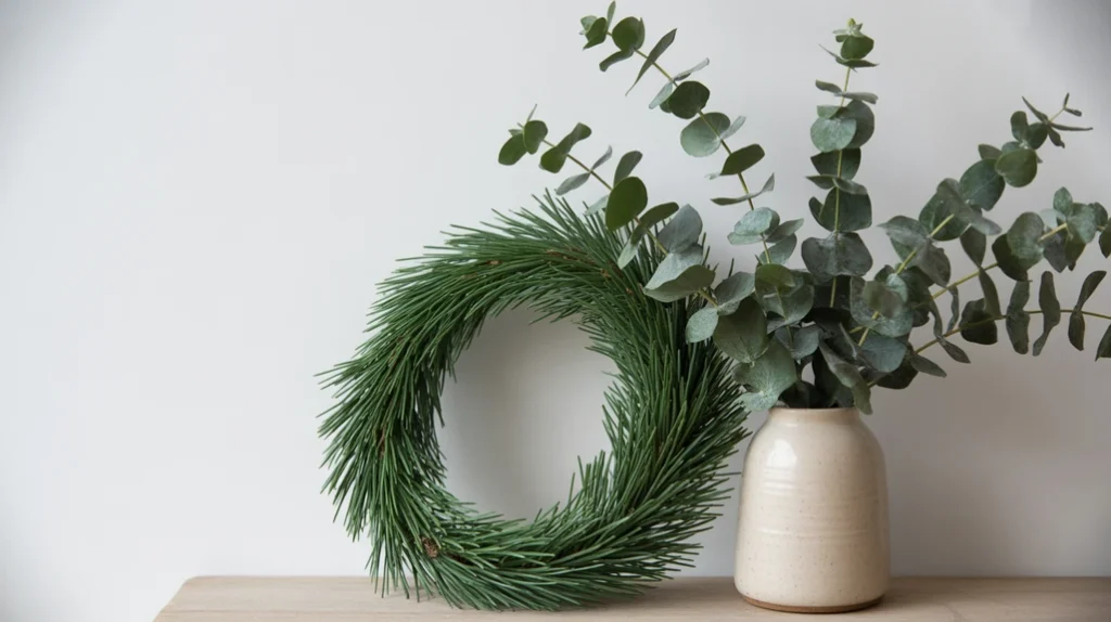Eucalyptus and pine wreath adding natural beauty to serene minimalist Christmas bedroom decor