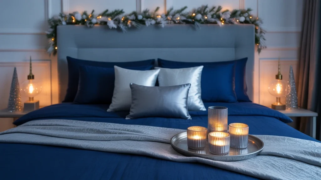 Navy blue and silver bedroom with festive Christmas decor and ornaments