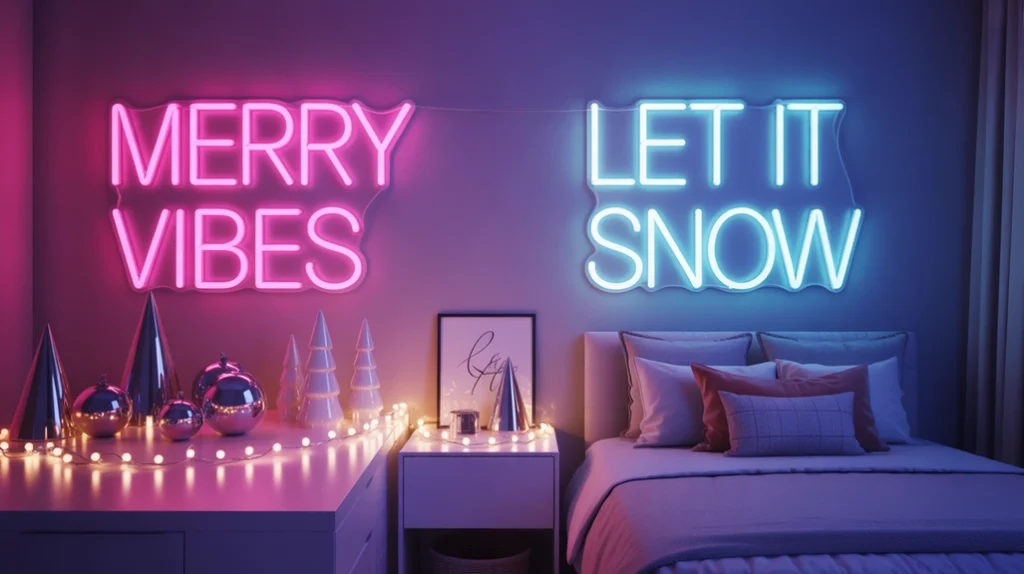 LED neon signs adding a cool and trendy glow to a modern teen Christmas bedroom setup