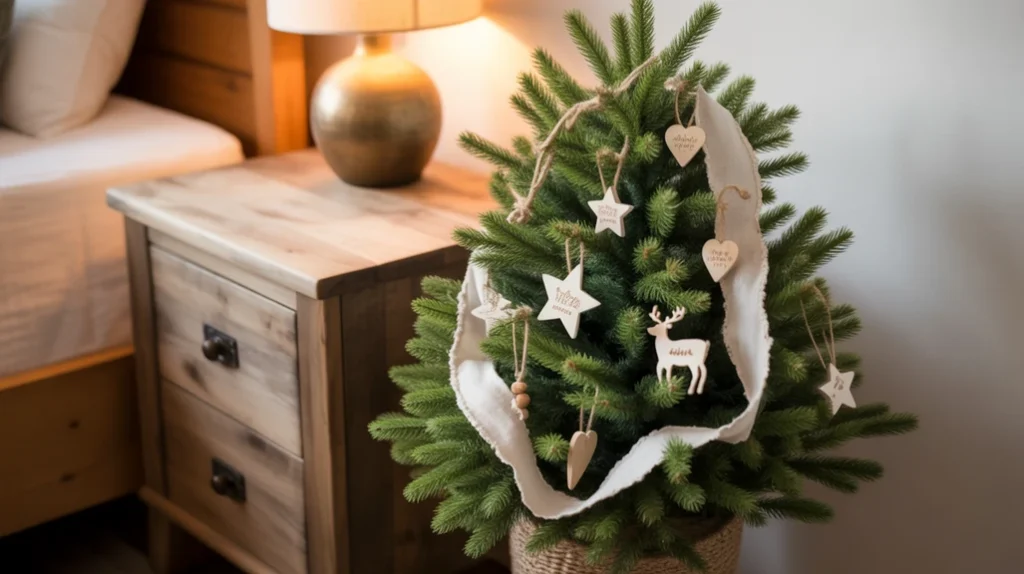 Neutral-toned Christmas tree with wooden ornaments and soft lighting in rustic modern holiday bedroom