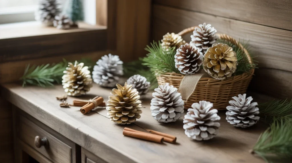 Painted pinecones with frosted tips used as rustic Christmas kitchen decor on a budget