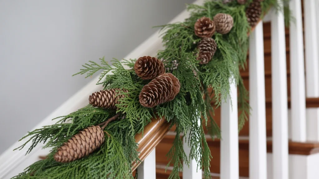 Natural pinecones added to Christmas staircase greenery for a rustic winter look”