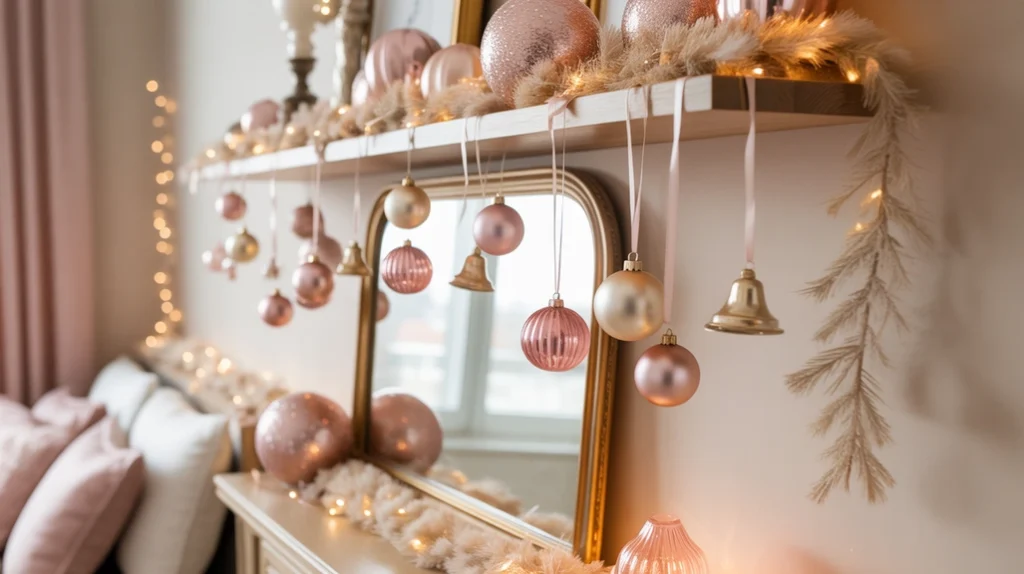 Pink and gold Christmas ornaments used for festive wall and mirror decor in a bedroom