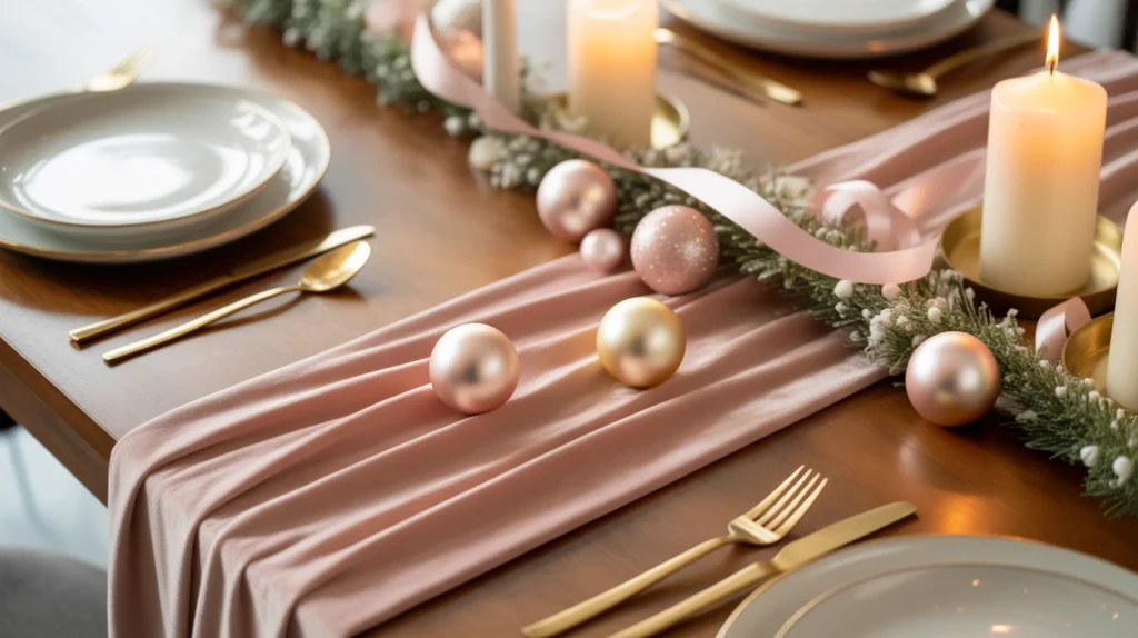 Pink Christmas table runner with gold accents and pastel holiday table styling
