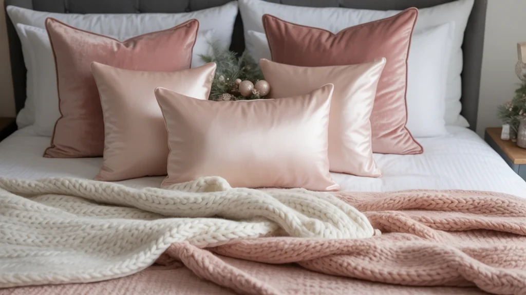 layered velvet pink pillows and knitted throws adding warmth and texture to a romantic Christmas bedroom