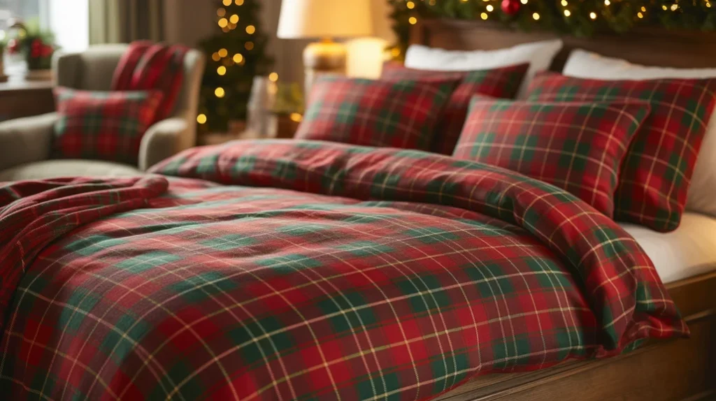 Plaid and tartan bedding in red and green tones styled in a cozy Christmas bedroom