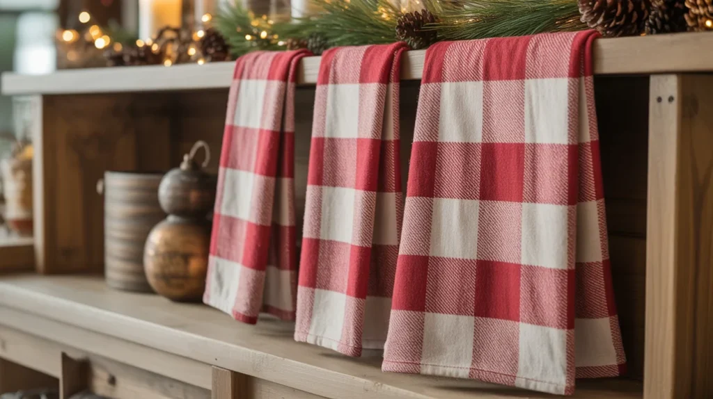 plaid and buffalo check christmas towels styled for a cozy farmhouse holiday look
