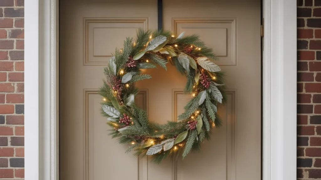 “Pre-lit evergreen wreath on the front door for classic Christmas entry decor”