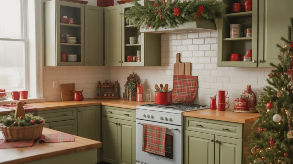 Classic red and green Christmas kitchen decor ideas with plaid and greenery