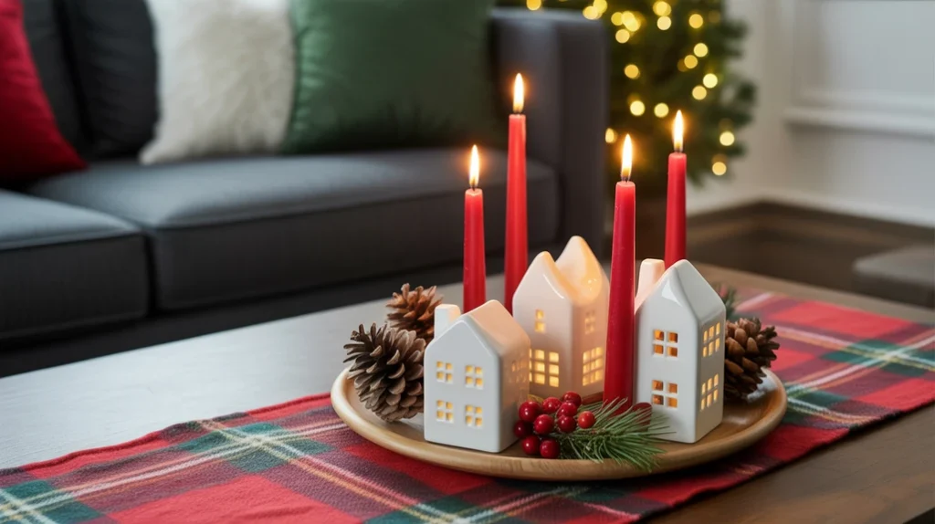 Holiday coffee table decorated with red candles, white ceramic houses, pinecones, and plaid runner.
