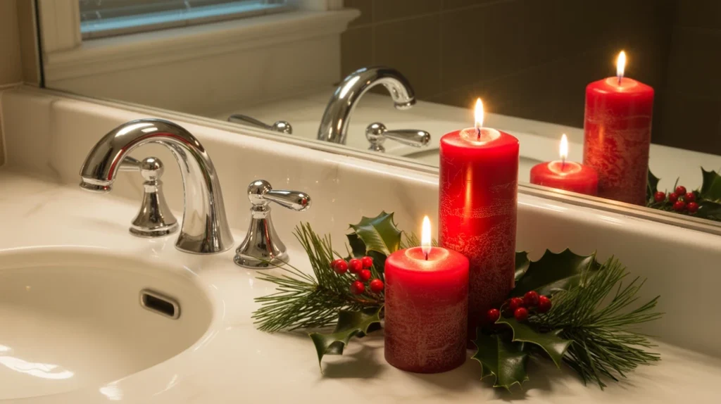 red christmas candles glowing softly on a clean bathroom vanity