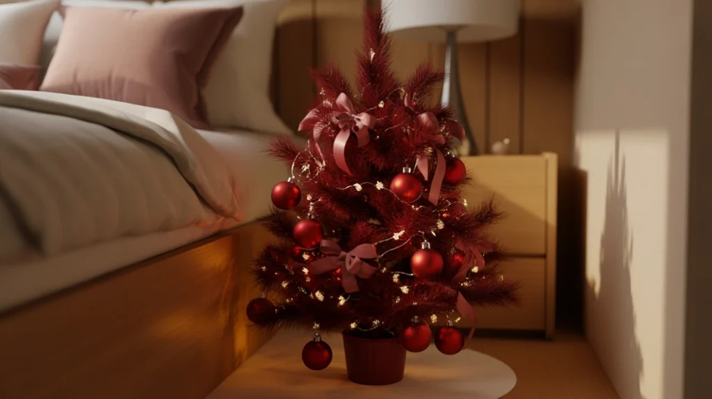 small red christmas tree decorated with ornaments and lights in cozy holiday bedroom setup