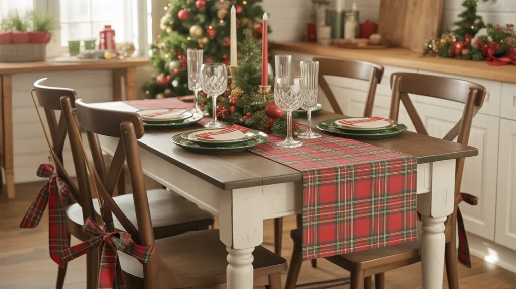 Red and green plaid table runner with matching chair ribbons in a warm farmhouse Christmas kitchen.
