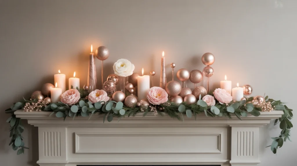 Fireplace mantel decorated with rose gold ornaments, blush florals, and eucalyptus garland for festive home styling.