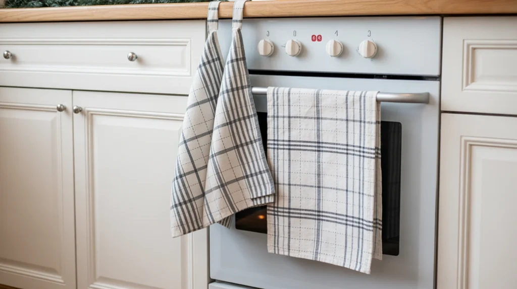 Scandinavian black and white kitchen linens with plaid napkins and striped dish towels for minimalist holiday design