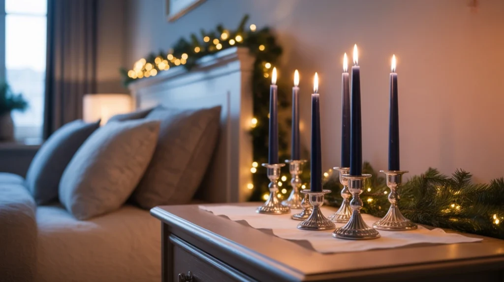 Silver candle holders with blue candles placed on a nightstand, adding warmth to a festive holiday bedroom.
