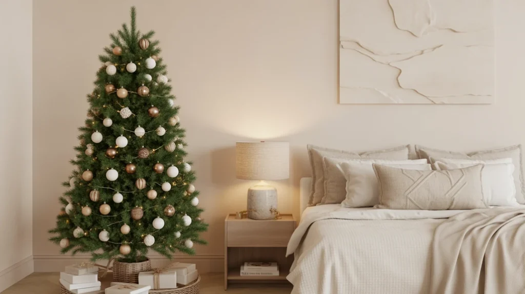 small Christmas tree with white and wooden ornaments in a neutral minimalist bedroom