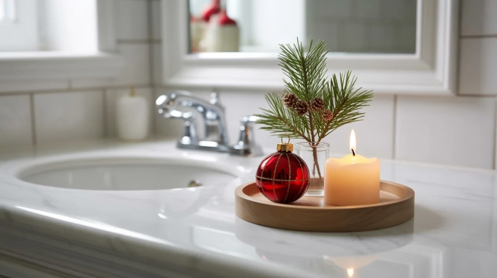 Small decorative tray with Christmas accents styled on a compact bathroom counter.