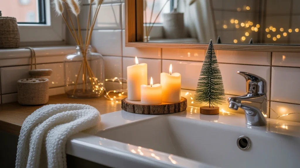 warm LED candles and soft lights creating hygge ambiance in a scandinavian christmas bathroom
