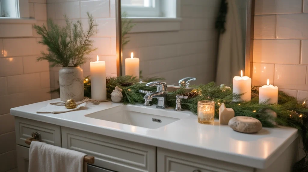 soft white candles glowing in a calm neutral bathroom with winter accents