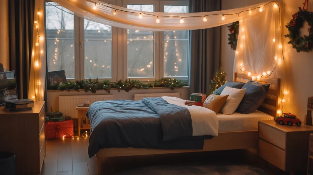 String lights hung around a bed and window giving soft, warm lighting for a cozy boys holiday bedroom