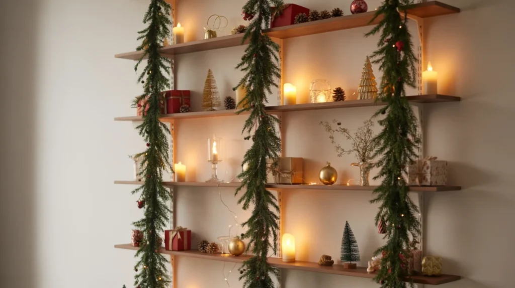 Vertical shelves with garlands and candles for compact Christmas bedroom decor