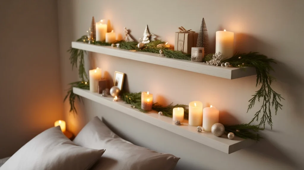 Wall shelves decorated with candles and garlands for compact Christmas bedroom styling
