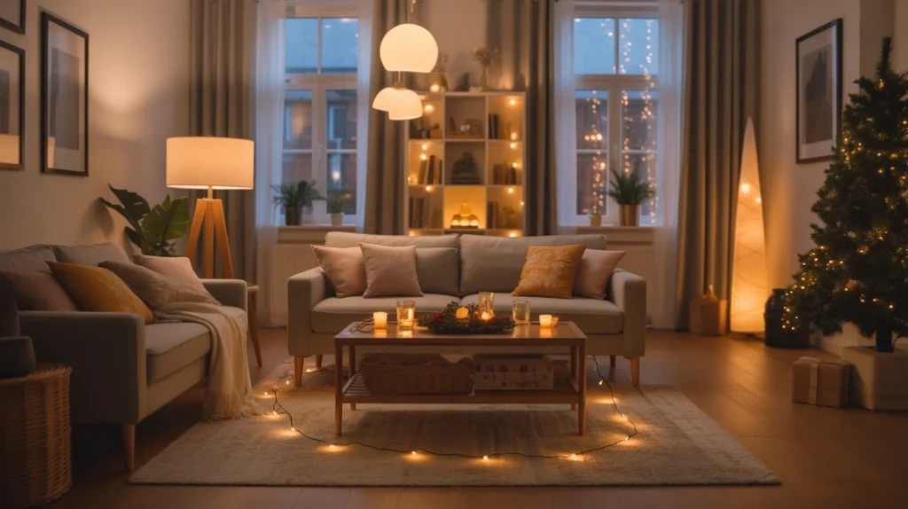 Warm ambient lighting with fairy lights and candles for a glowing holiday living room