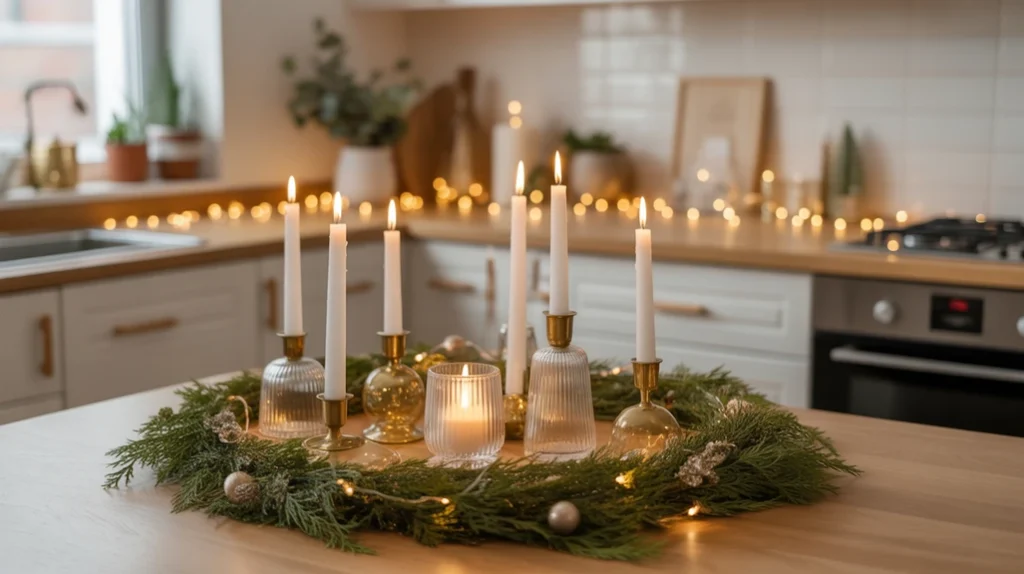 Kitchen countertop with candles in glass holders surrounded by greenery for warm Christmas glow and festive ambiance