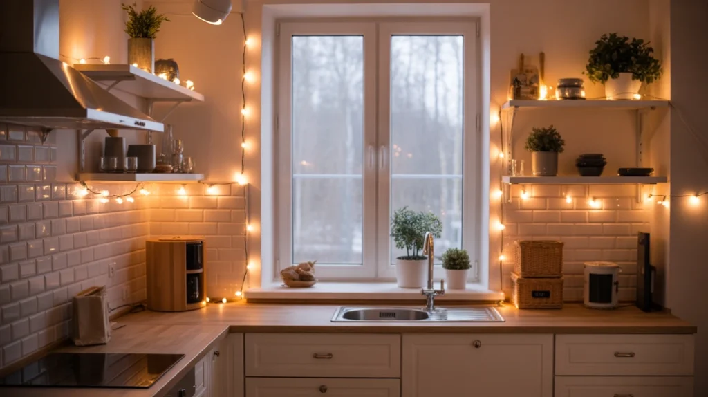 Minimalist Christmas kitchen decor with warm fairy lights on shelves, cozy Scandinavian holiday lighting