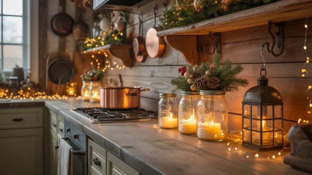 candles and warm fairy lights creating soft glow in rustic country christmas kitchen decor