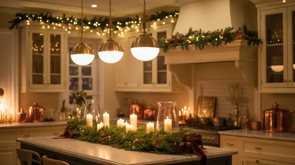 soft pendant lights and candles creating a warm holiday glow in a classy christmas kitchen