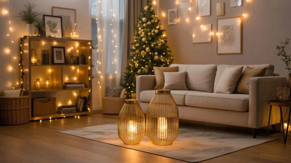 White and gold Christmas lighting ideas with warm fairy lights and festive holiday glow