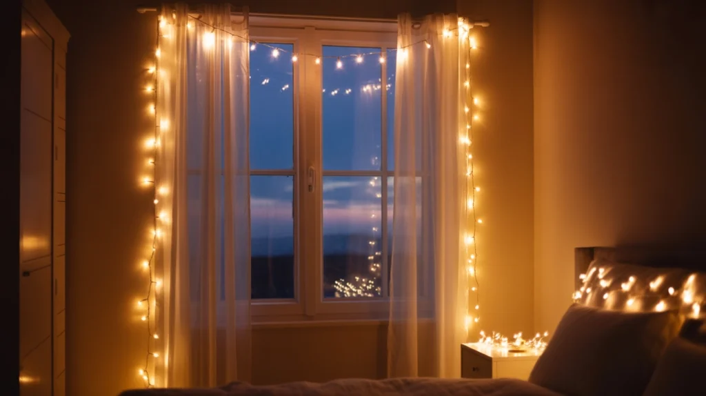 Lighted garland on window frame adding warm glow to cozy Christmas bedroom