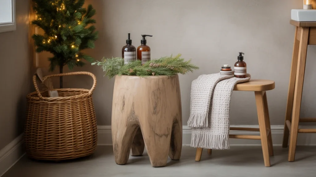 Wooden bathroom accessories creating warm Nordic Christmas texture in a cozy winter space.