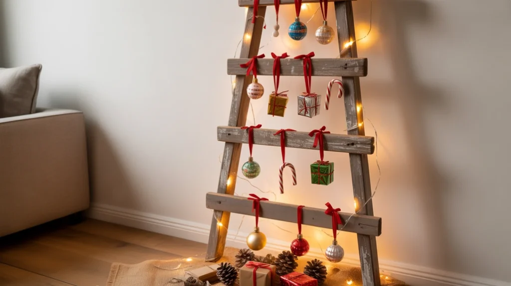 Wooden ladder Christmas tree in cozy farmhouse bedroom