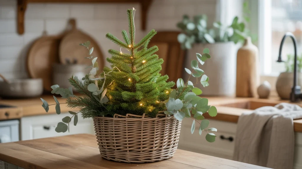 small christmas tree in woven basket with eucalyptus and berry accents for natural holiday styling