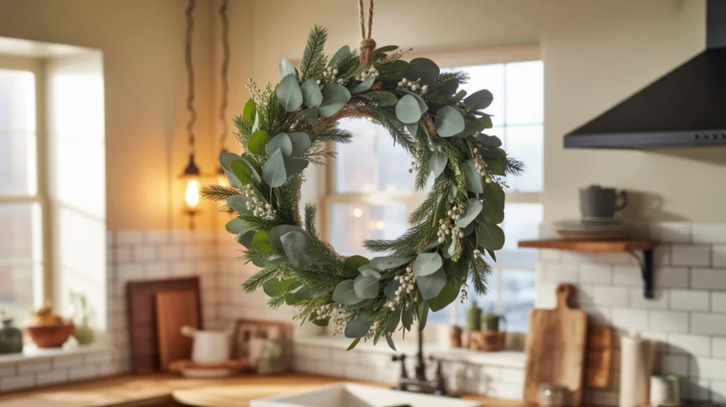 Greenery wreath hanging above a kitchen sink with eucalyptus and winter foliage