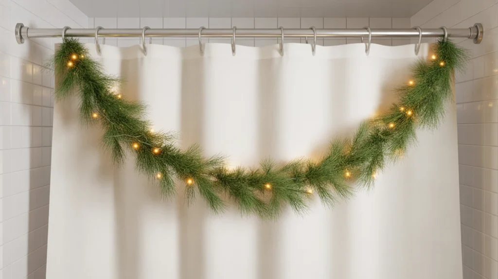 Light Christmas garland draped over a shower curtain rod adding greenery and holiday charm.