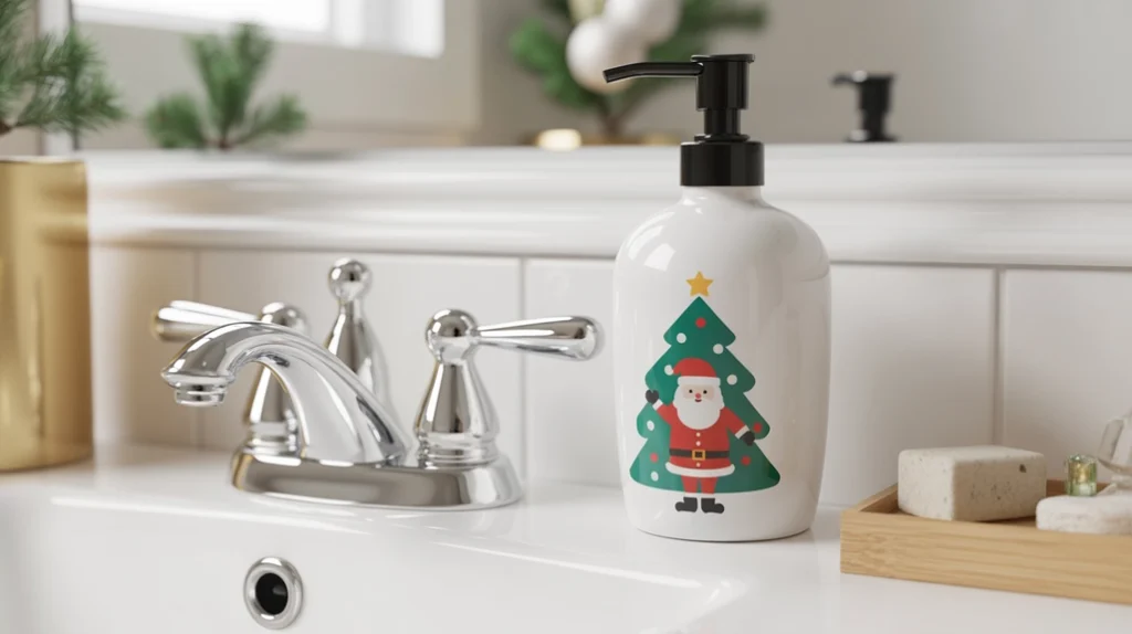 Holiday soap dispenser on a clean bathroom sink with simple Christmas accents.