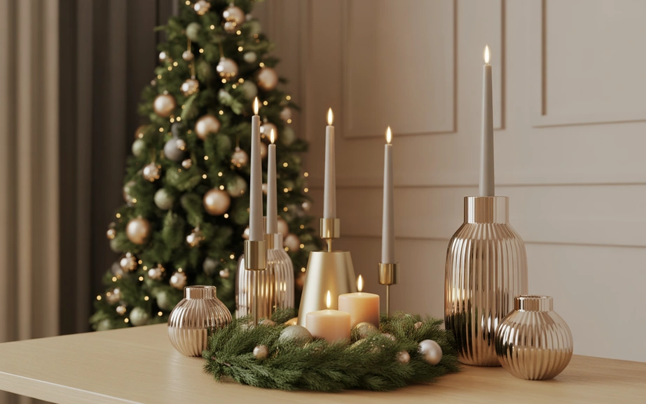 modern holiday decor with brushed gold and metallic accents