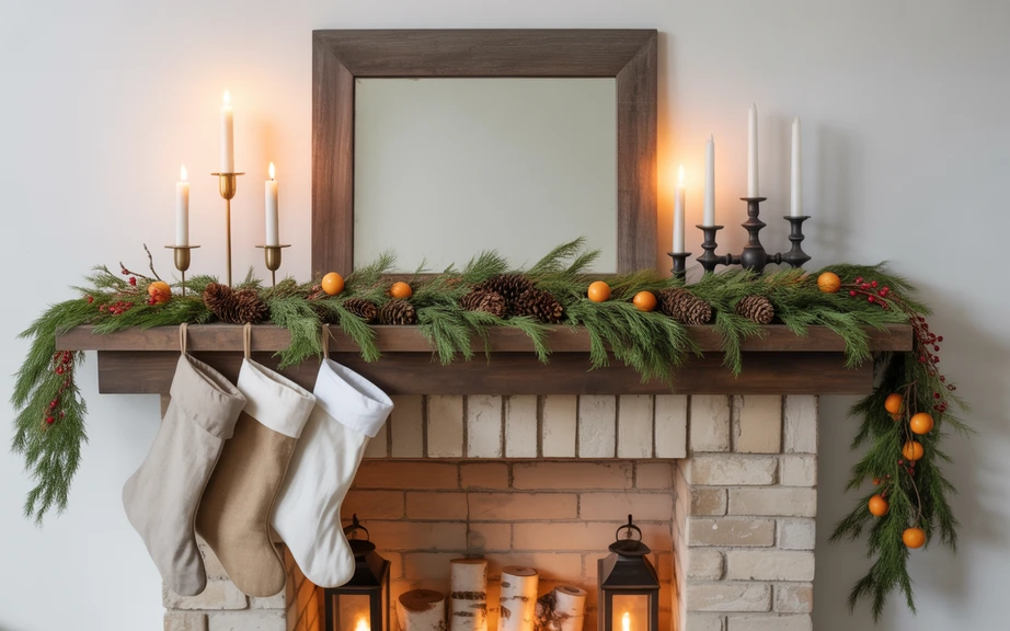Farmhouse Mantel with Natural Greenery