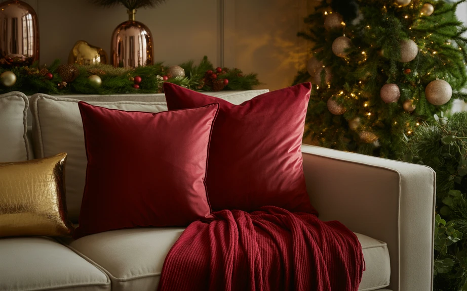 Red Velvet and Gold Textiles for Cozy Elegance