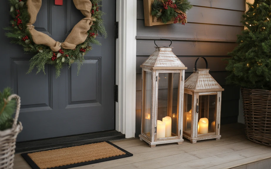 Rustic Burlap Wreath with Wooden Lanterns