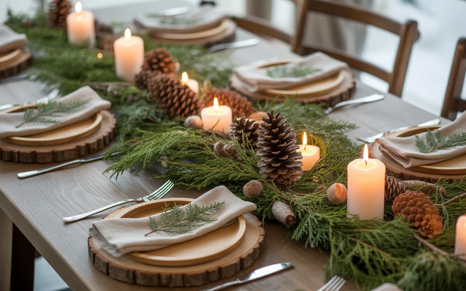 Rustic Pinecone and Evergreen Tablescape