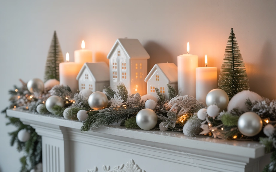 Snowy Mantel Decor for Peaceful Winter Charm