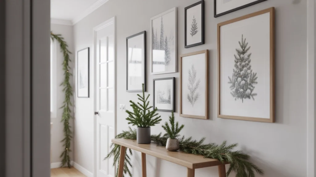 Christmas hallway wall art with winter prints and seasonal accents